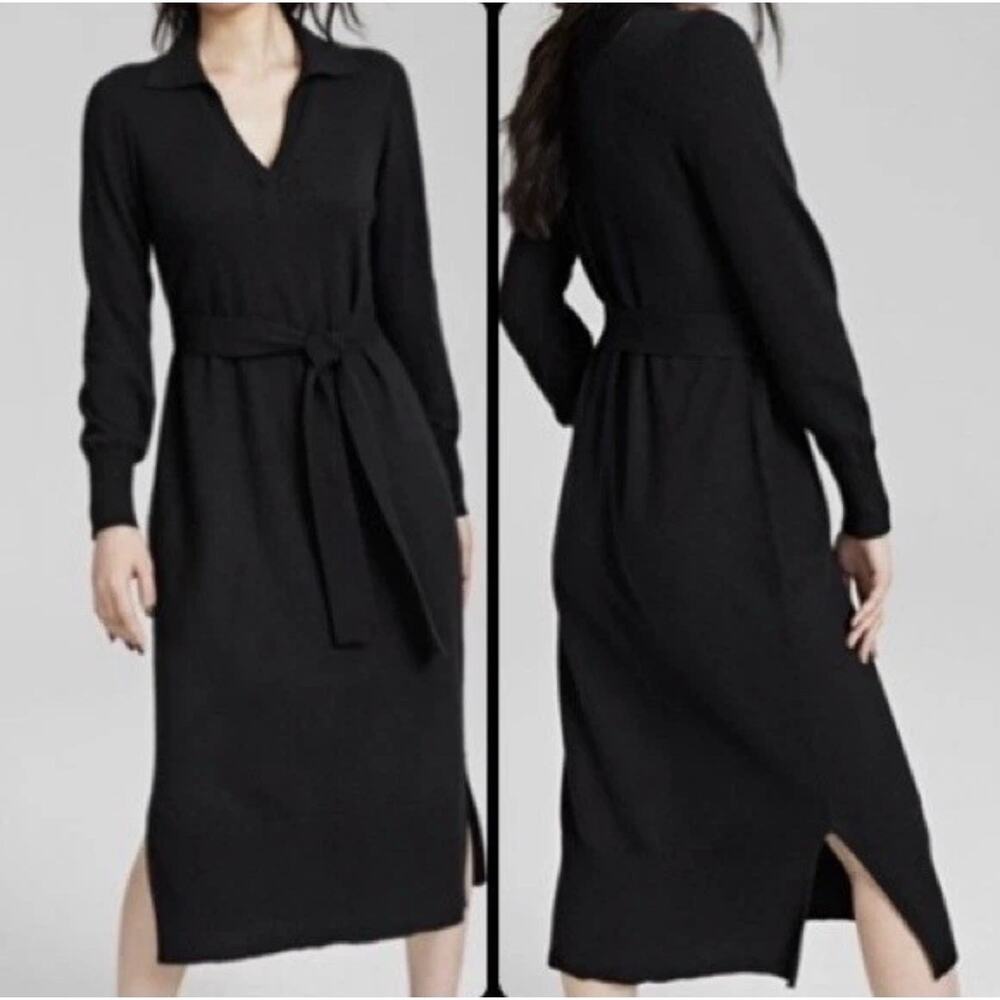 Charter Club Black Knit Midi Dress with Waist Tie